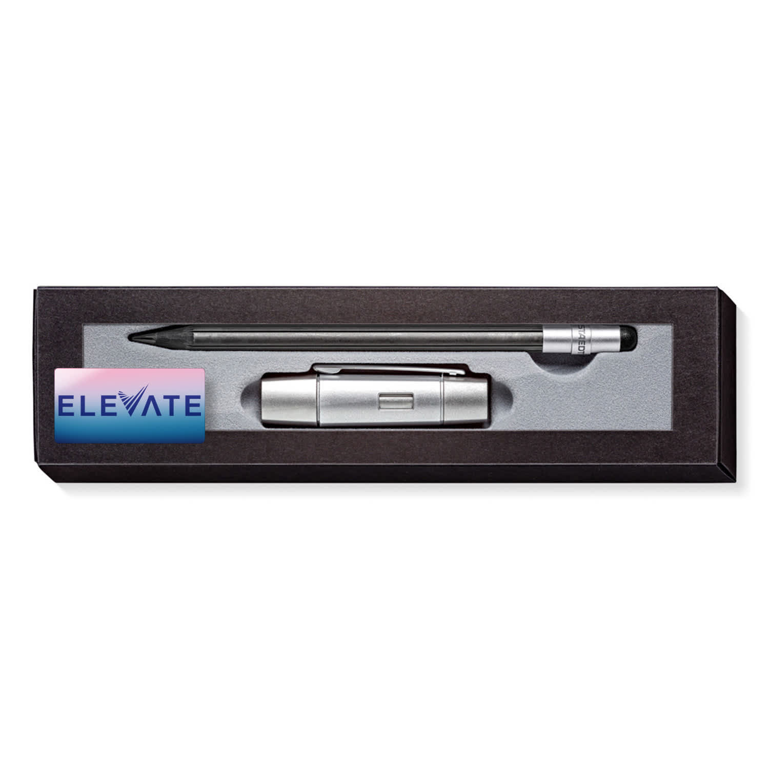 A pencil set featuring a metallic pencil and case, presented in a sleek black box with a branding logo.