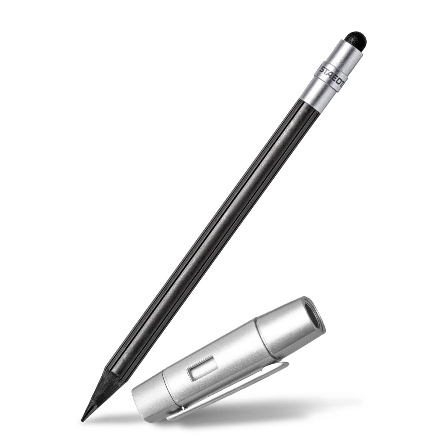 A pencil set with a black pencil and a silver casing, featuring a logo on the casing.