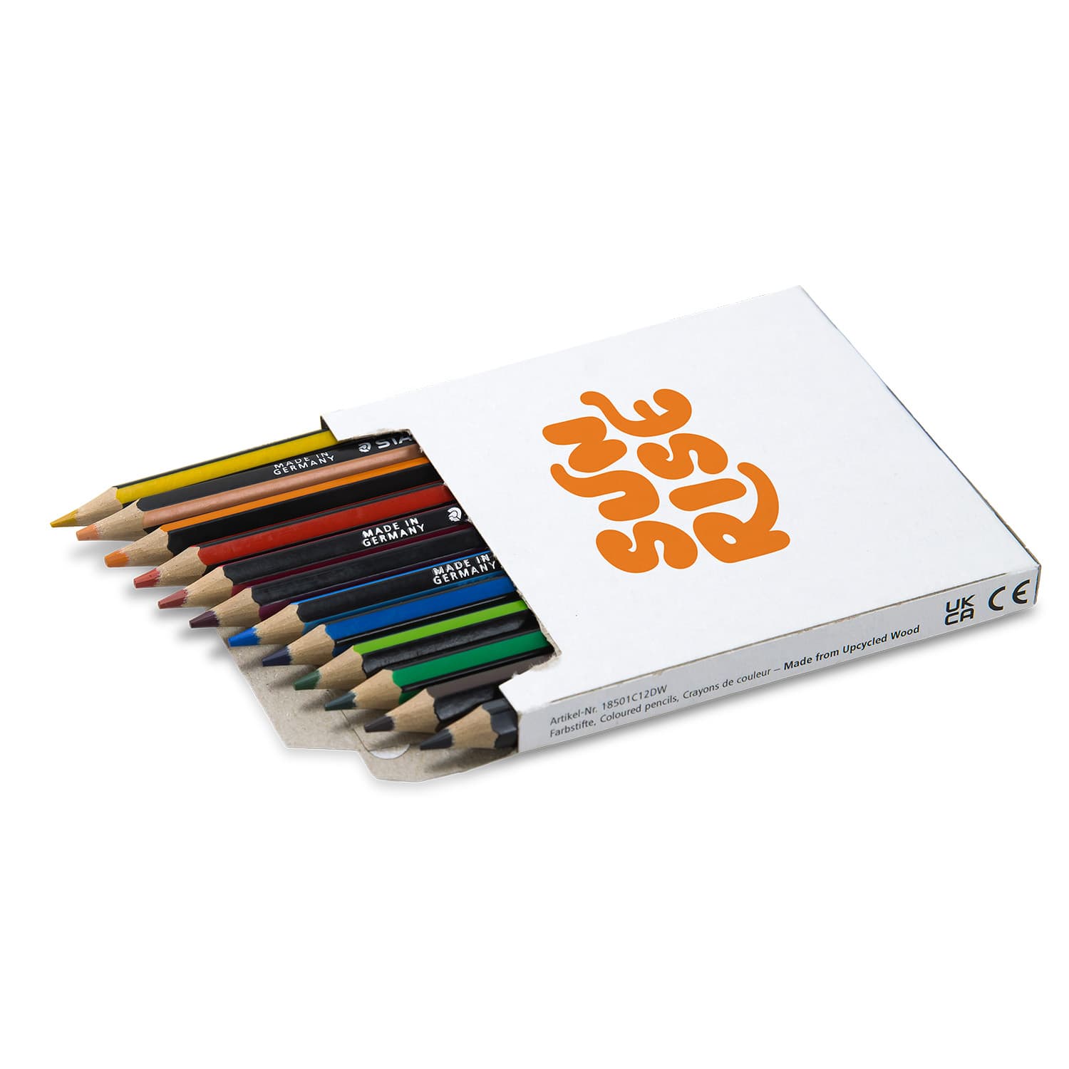 A colouring pencil set containing 12 pencils in various colours, presented in a white box with a logo.