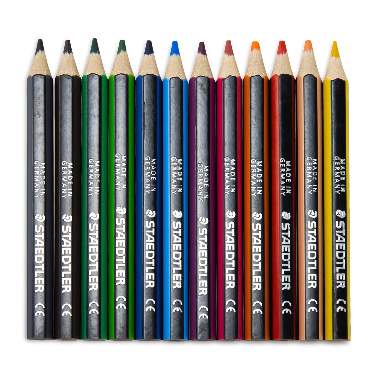 A set of 12 Staedtler colouring pencils in various colours, neatly aligned with branding visible.