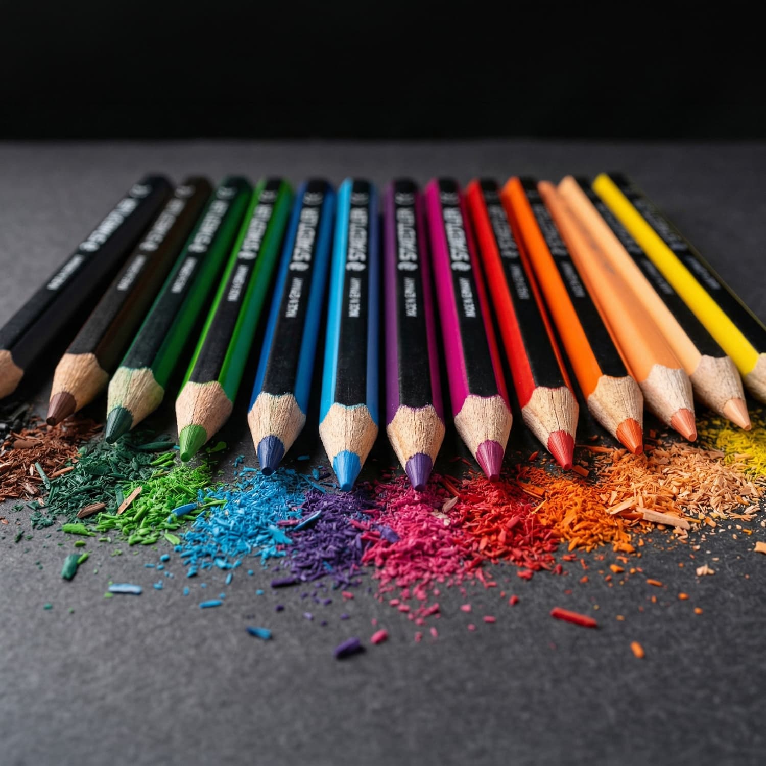A set of 12 colouring pencils in various vibrant colours, arranged beside shavings of different hues.