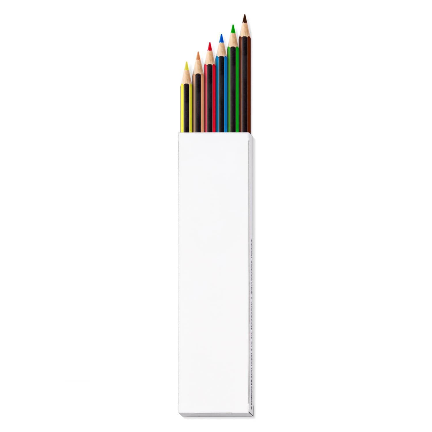 A colouring pencil set of six, featuring yellow, red, blue, green, black, and brown pencils, in a white box with a logo.