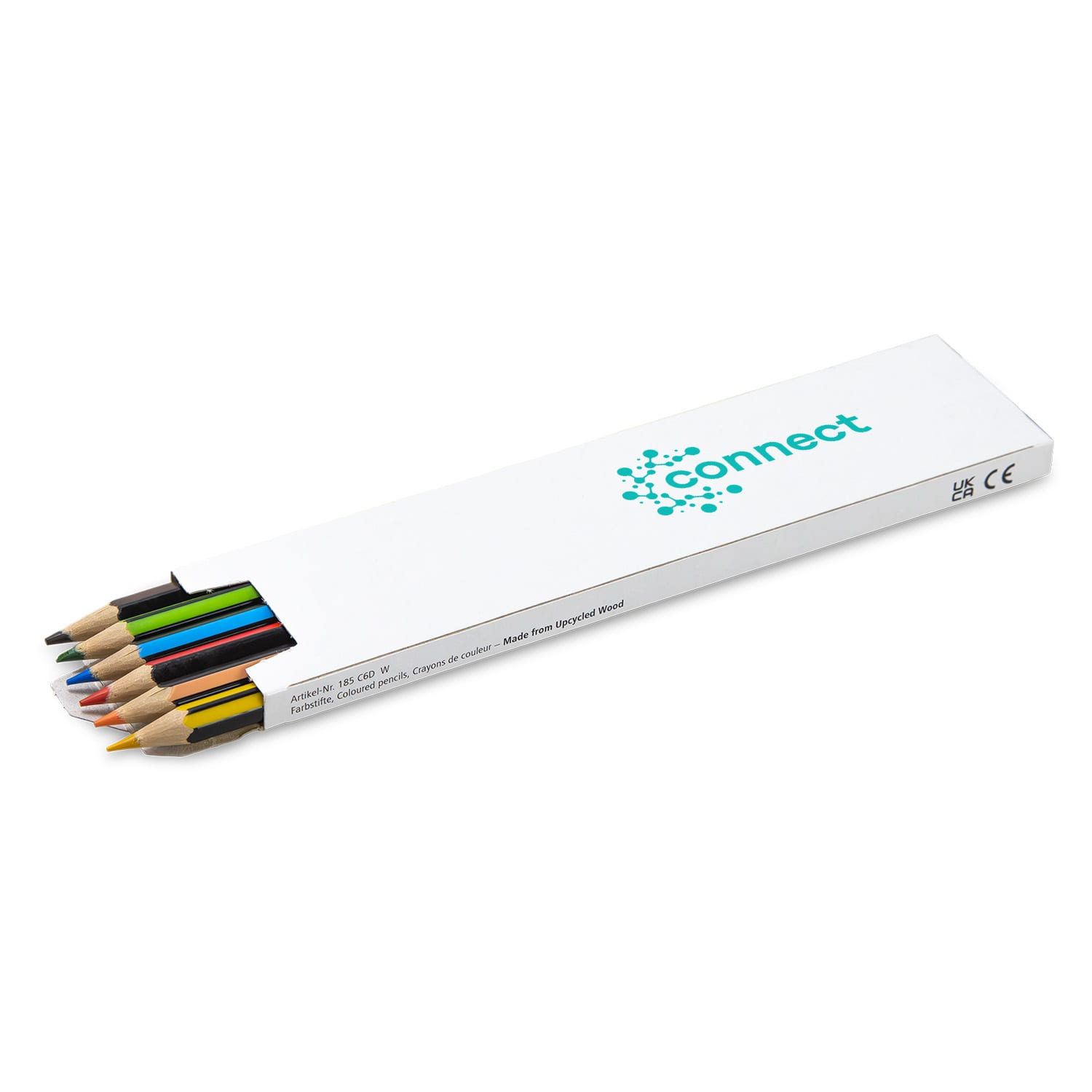 A colouring pencil set of six, featuring a variety of colours including red, blue, green, yellow, black, and brown, in a box with branding.