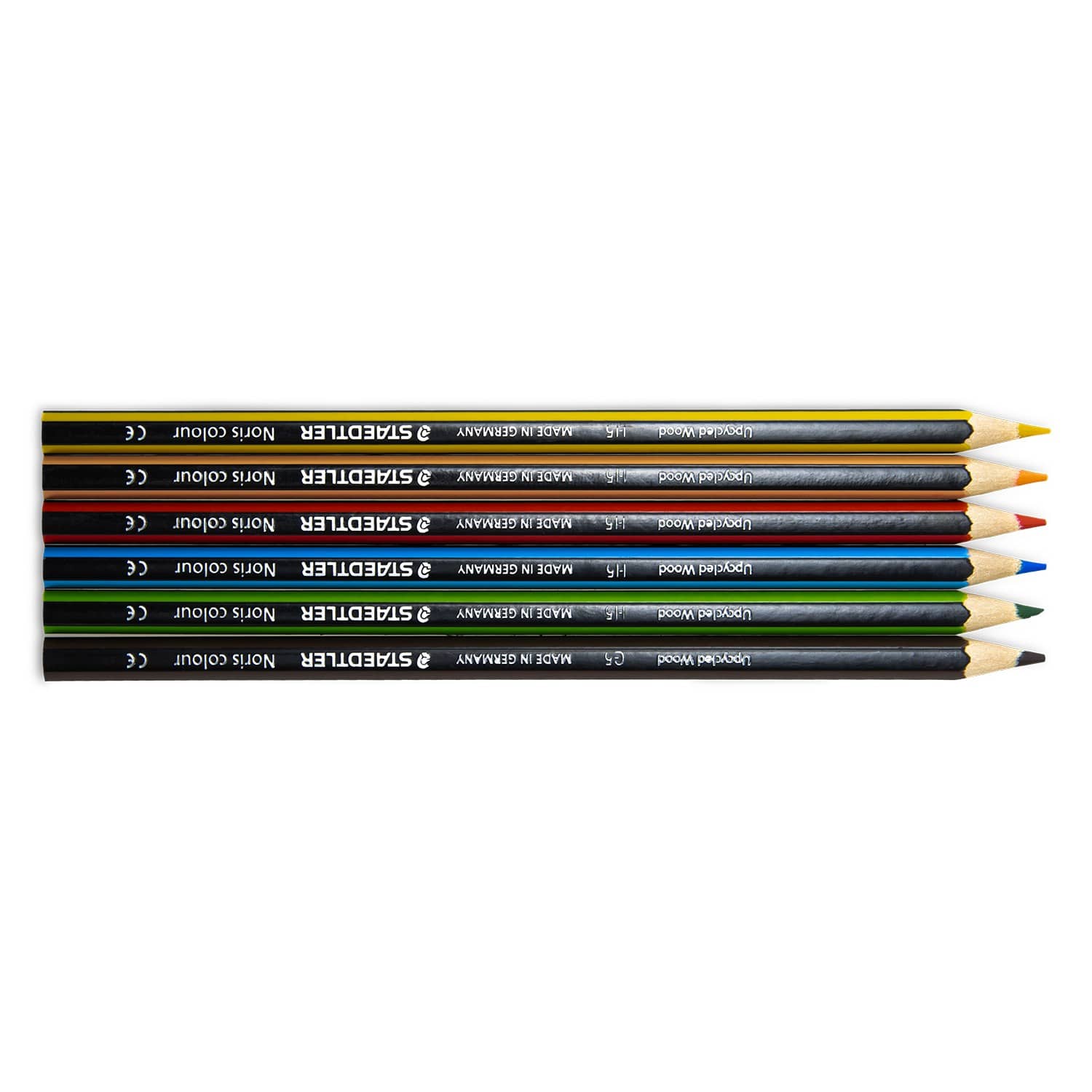 A set of six Staedtler colouring pencils in blue, red, yellow, green, black, and brown, featuring a logo.