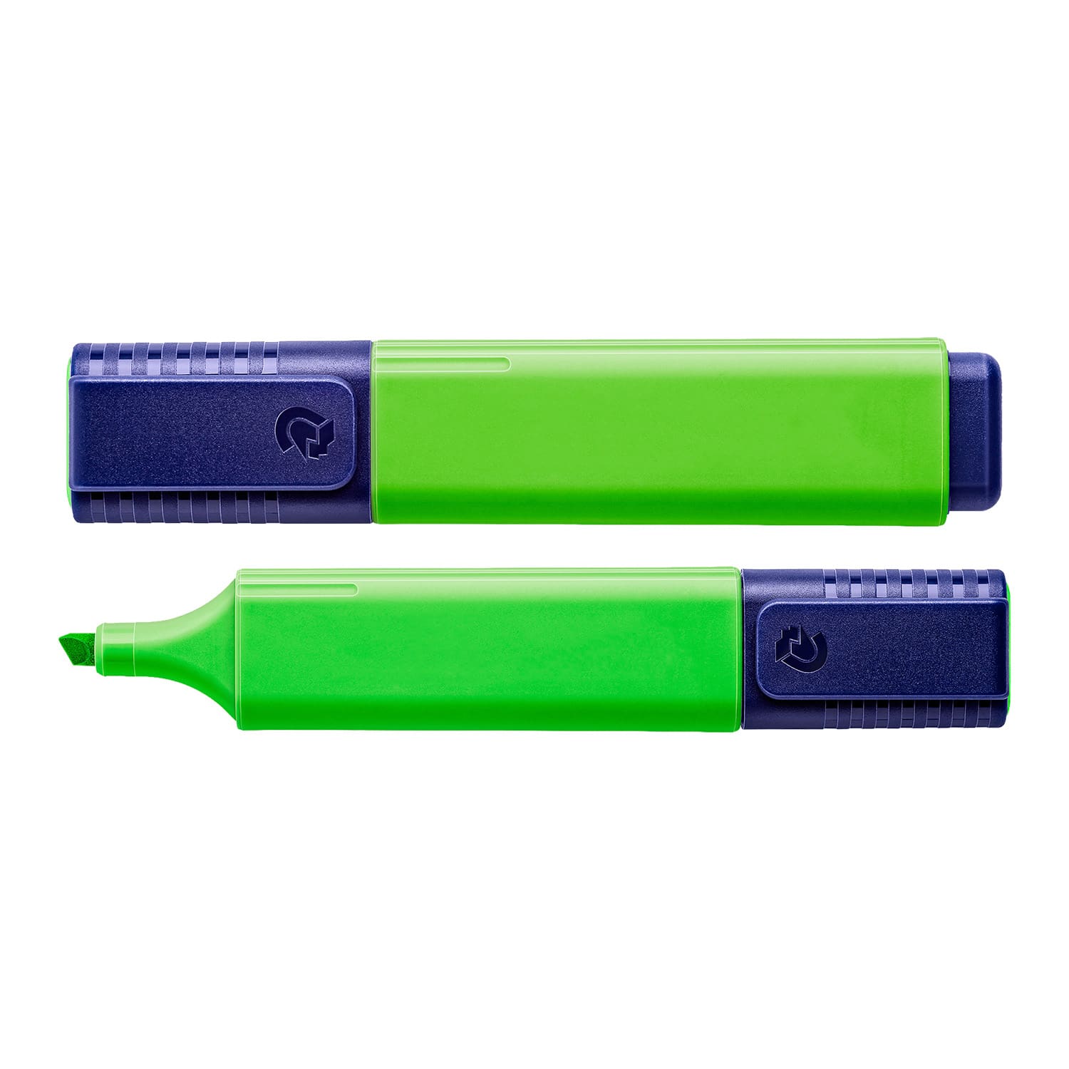 A green and dark blue highlighter with a chisel tip, featuring a branding logo on the cap.