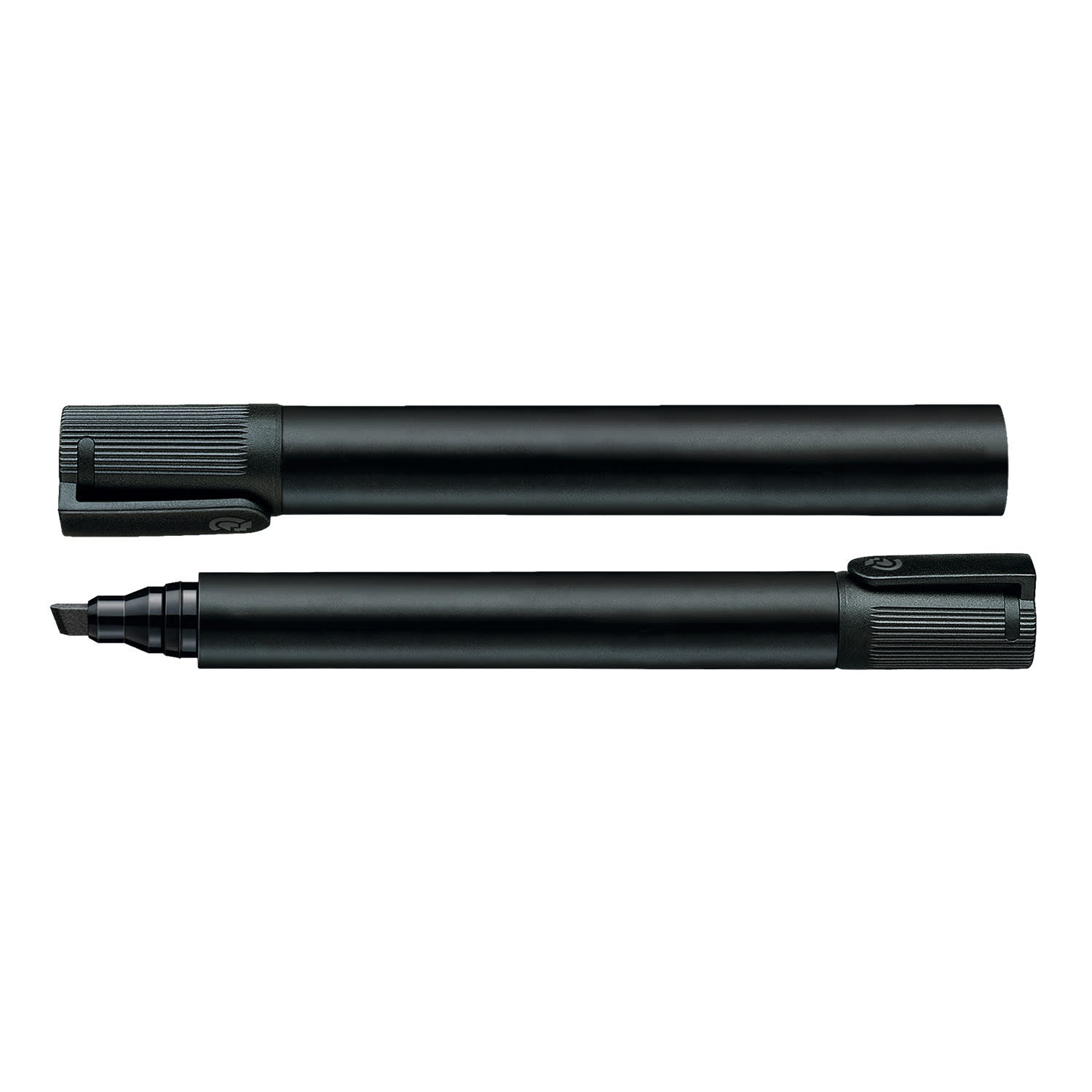 A black Staedtler Lumocolor permanent marker with a chisel tip, featuring a cap and a body design.