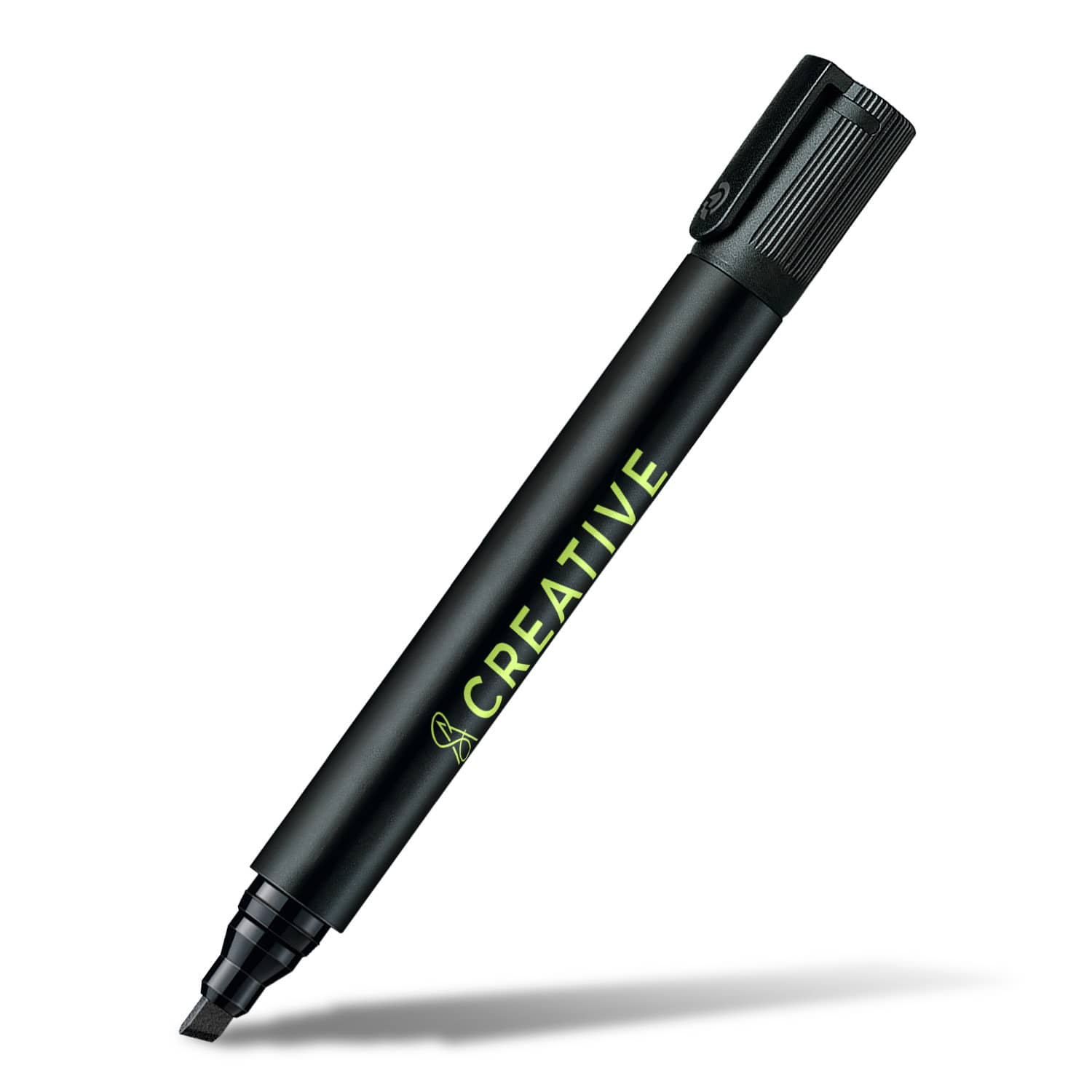 A permanent marker with a chisel tip, featuring a black body and a green accent, including a logo.