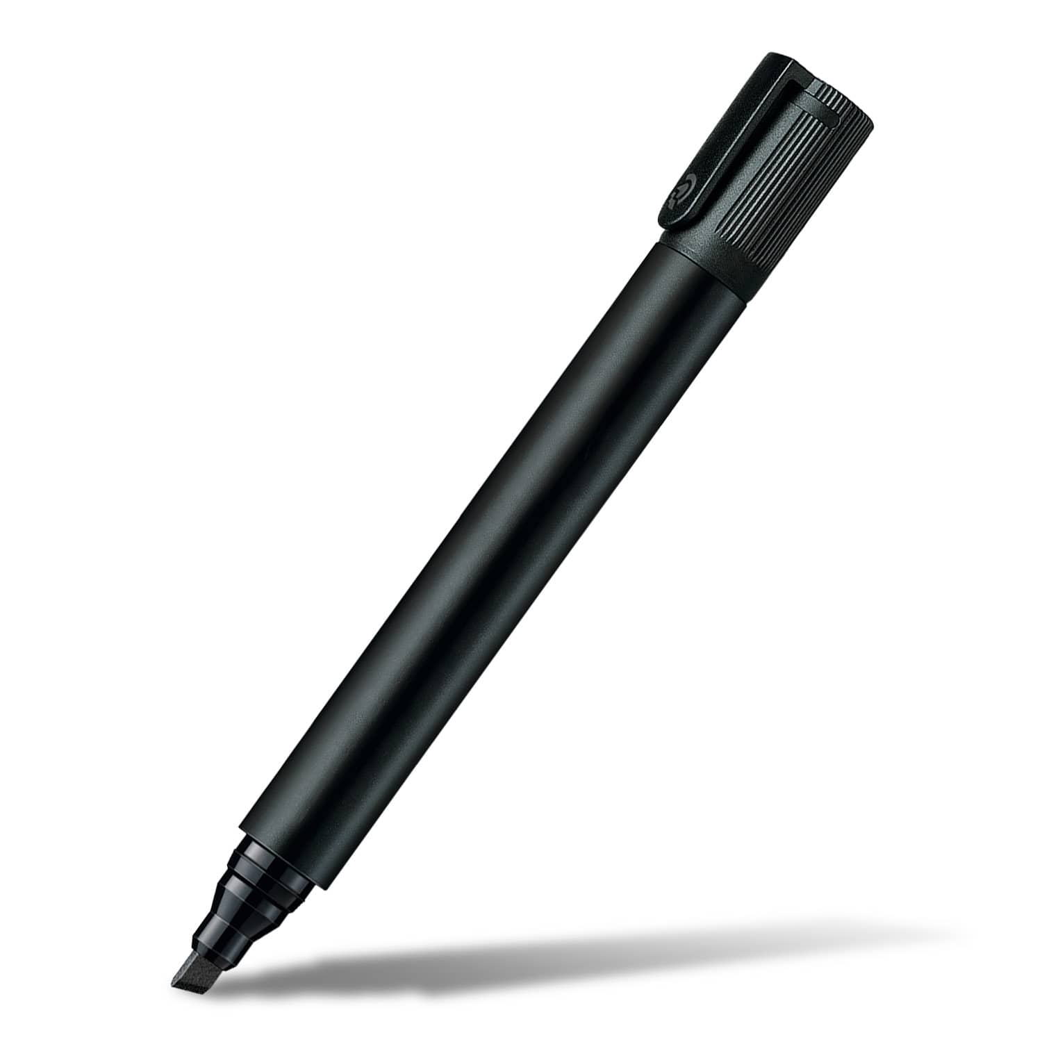 A black Staedtler Lumocolor permanent marker with a chisel tip, featuring a textured cap and a branding logo.