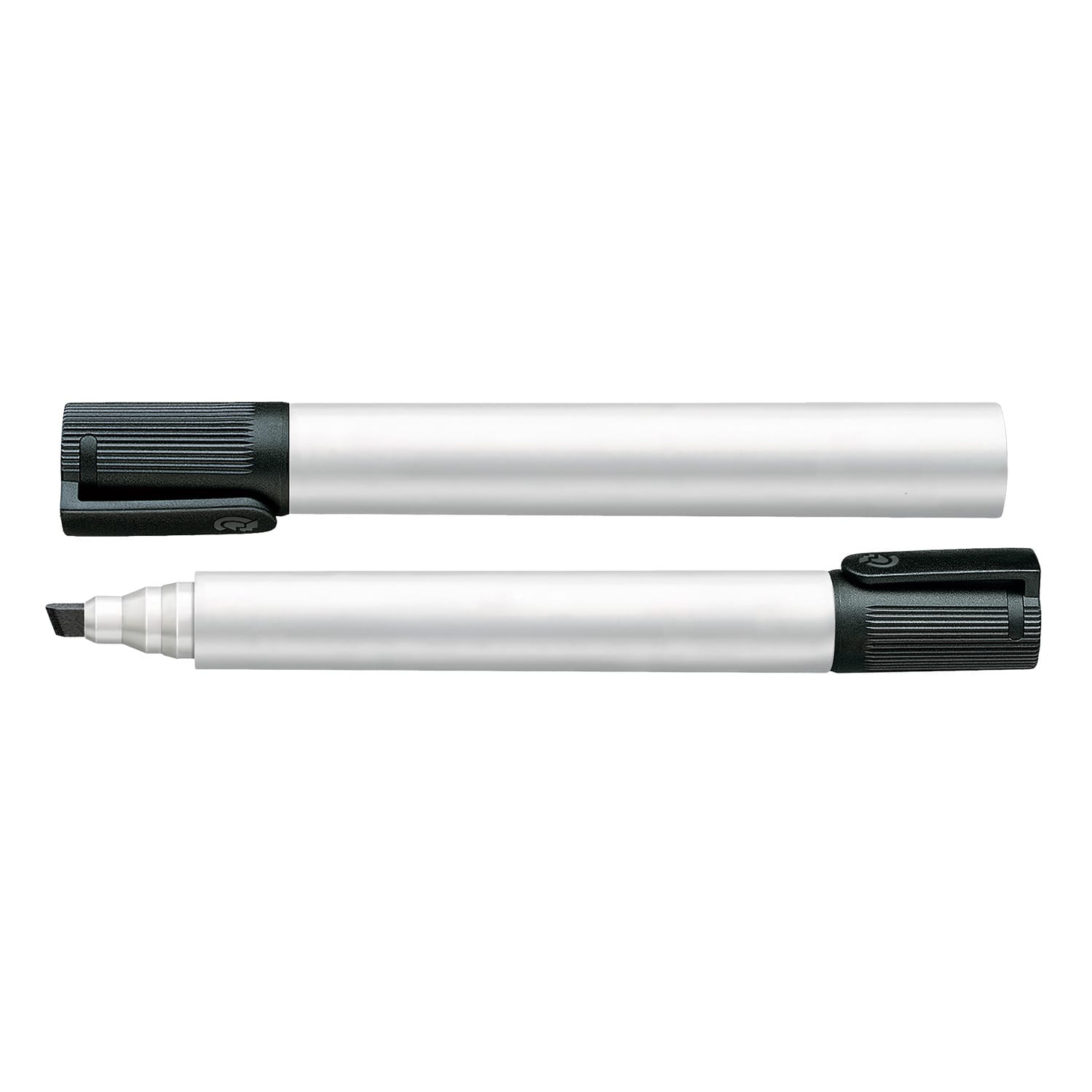 A whiteboard marker with a chisel tip, featuring a black cap and a sleek silver barrel. It has a brand logo.