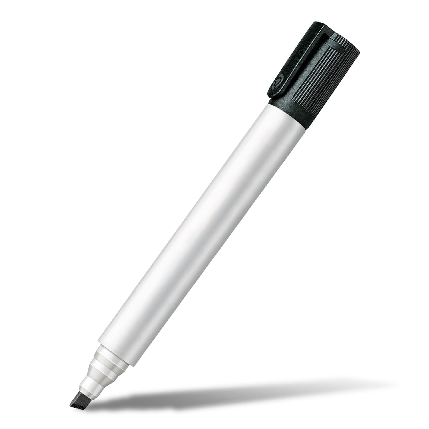 A whiteboard marker with a chisel tip, featuring a white barrel and a black cap. It has a logo on the cap.