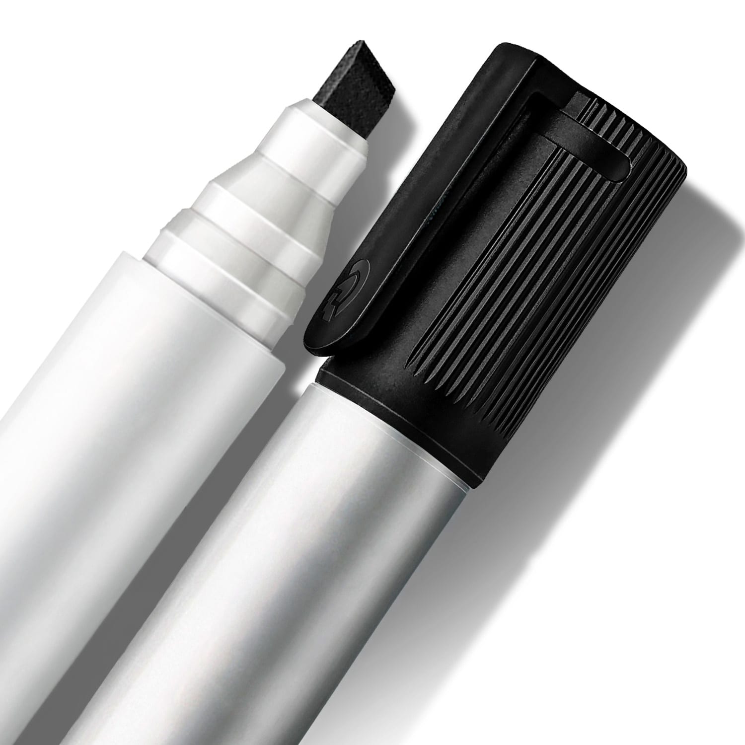 A whiteboard marker with a chisel tip, featuring a black cap and a silver barrel. It includes a logo.