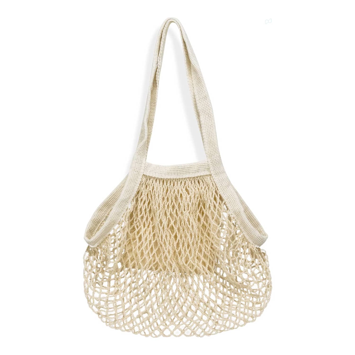 A small cotton mesh tote bag in a natural beige colour, featuring a woven design and a single shoulder strap.