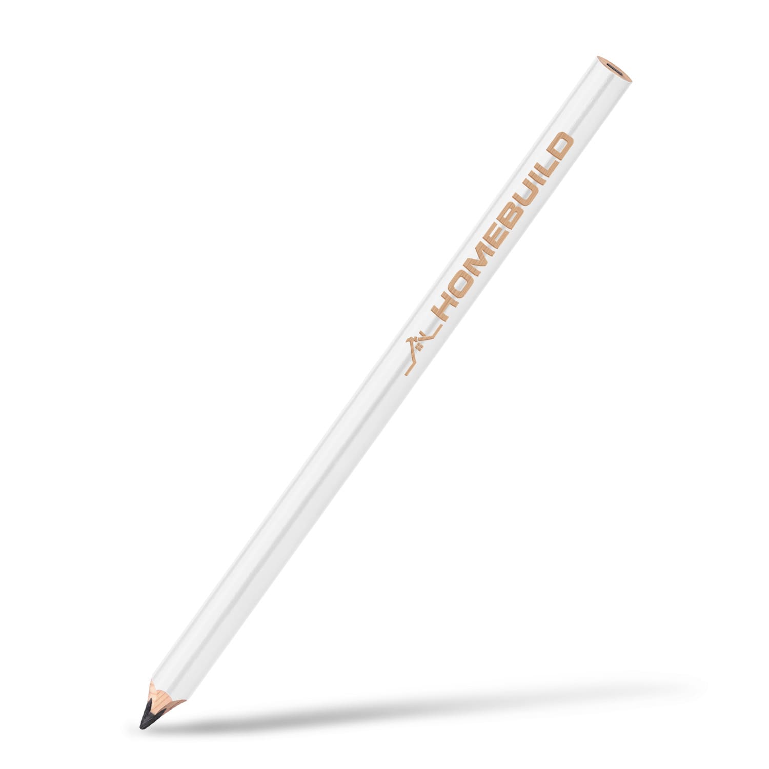 A white carpenter's pencil with a black tip and a logo printed on its side.