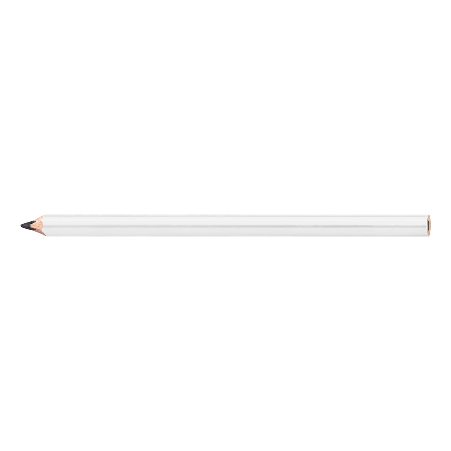 A carpenter's pencil in white with a sharpened graphite tip, featuring a simple design and a branding logo.