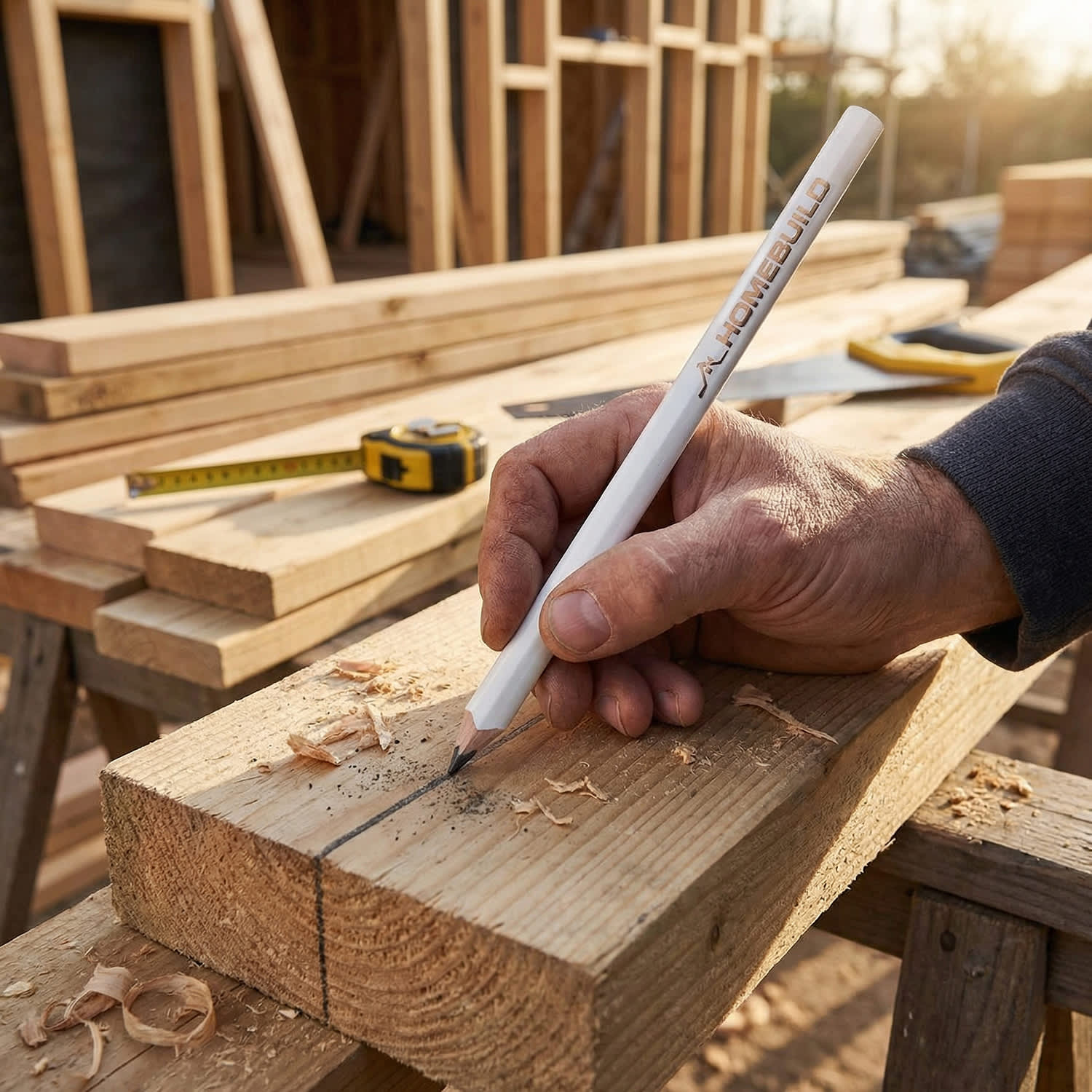 A white carpenter's pencil is being used to mark a wooden plank on a workbench, surrounded by timber.