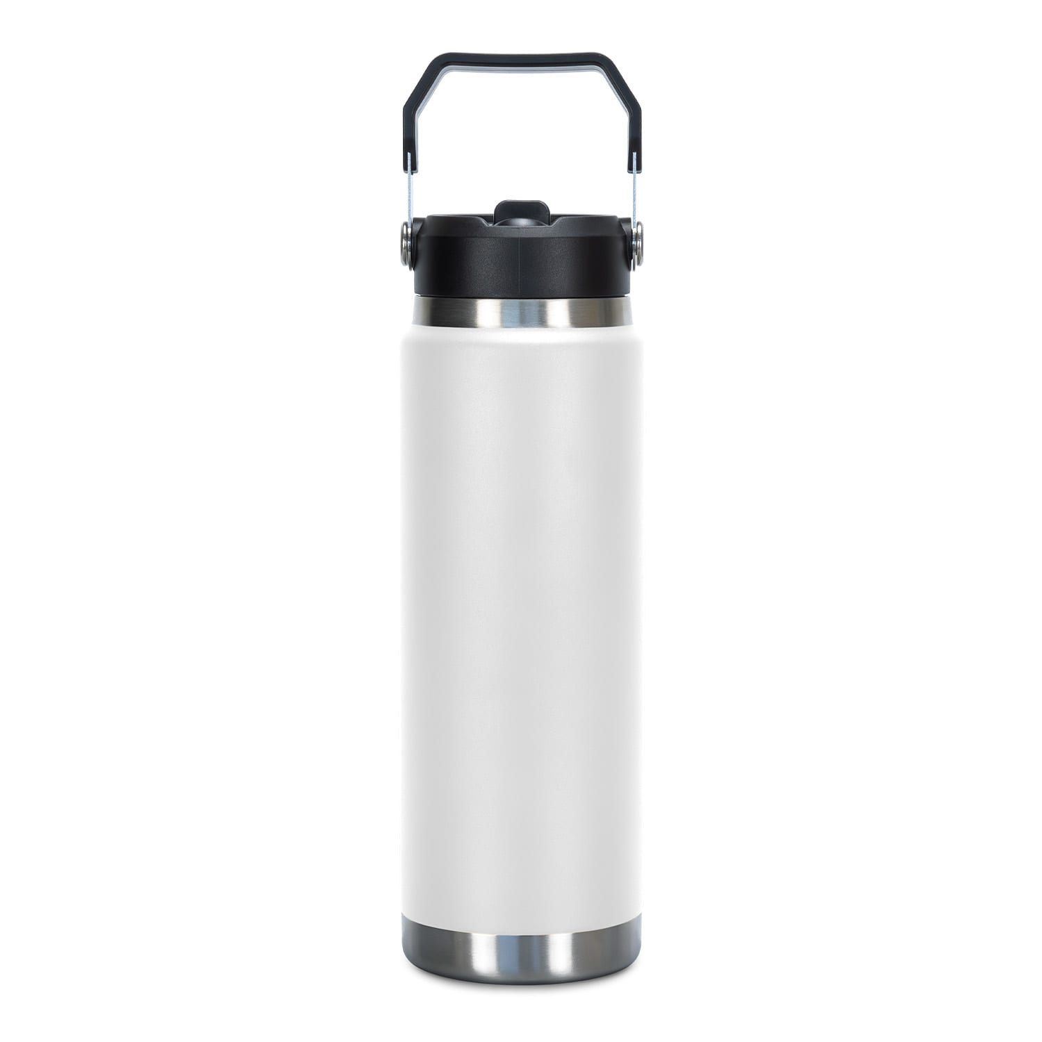 A drink bottle in white with a black lid and handle, featuring a stainless steel base and branding on the body.