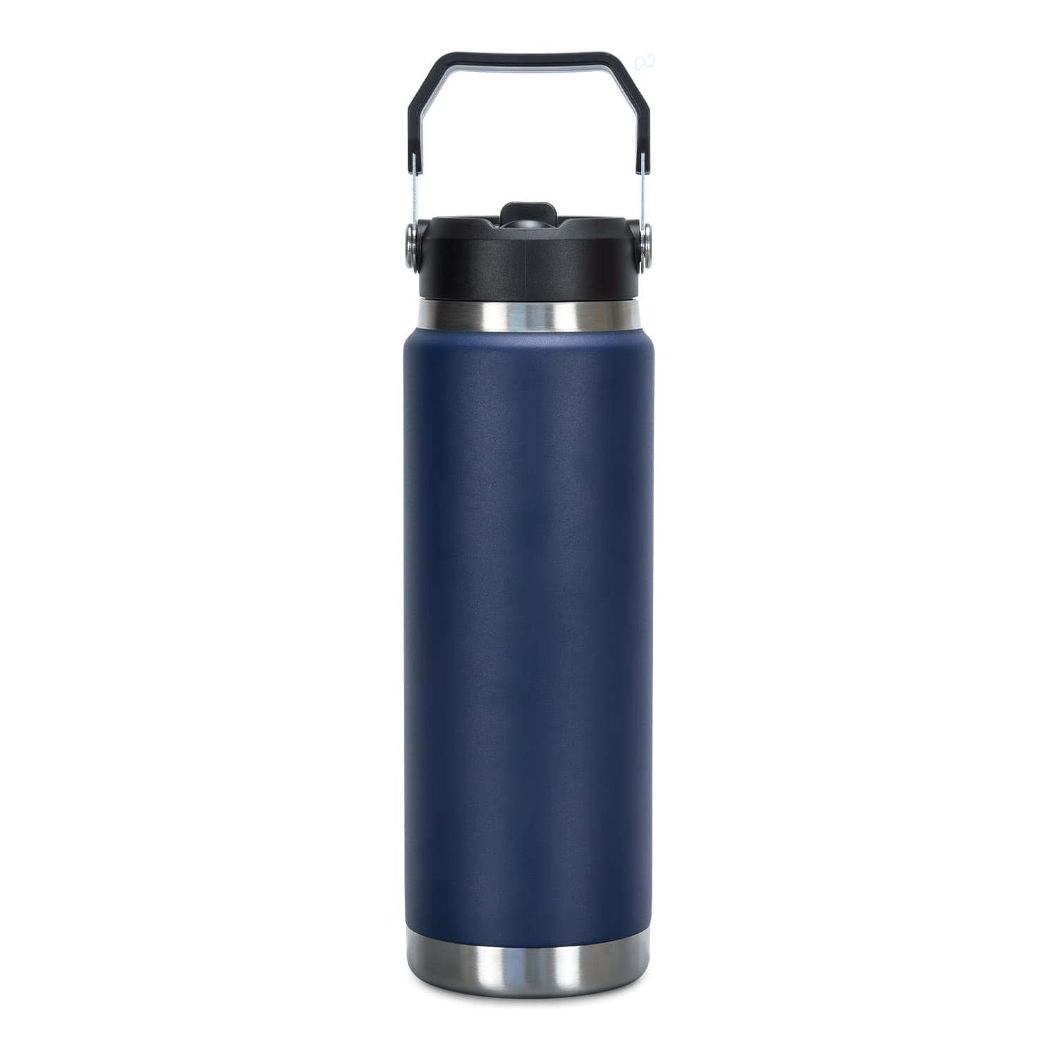 A drink bottle in navy blue with a stainless steel base and a black lid, featuring a handle for easy carrying.