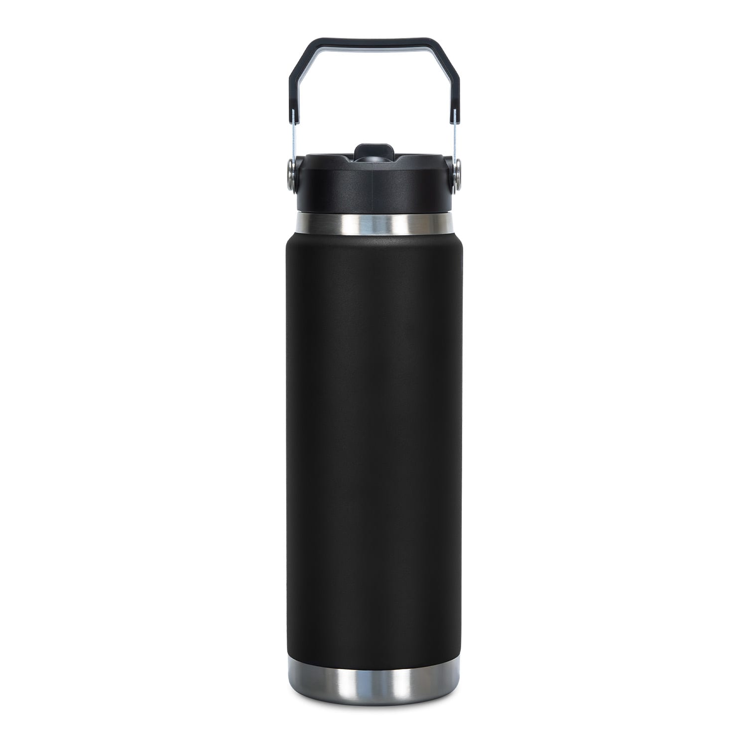 A drink bottle featuring a sleek black design with a stainless steel base and a handle for easy carrying.