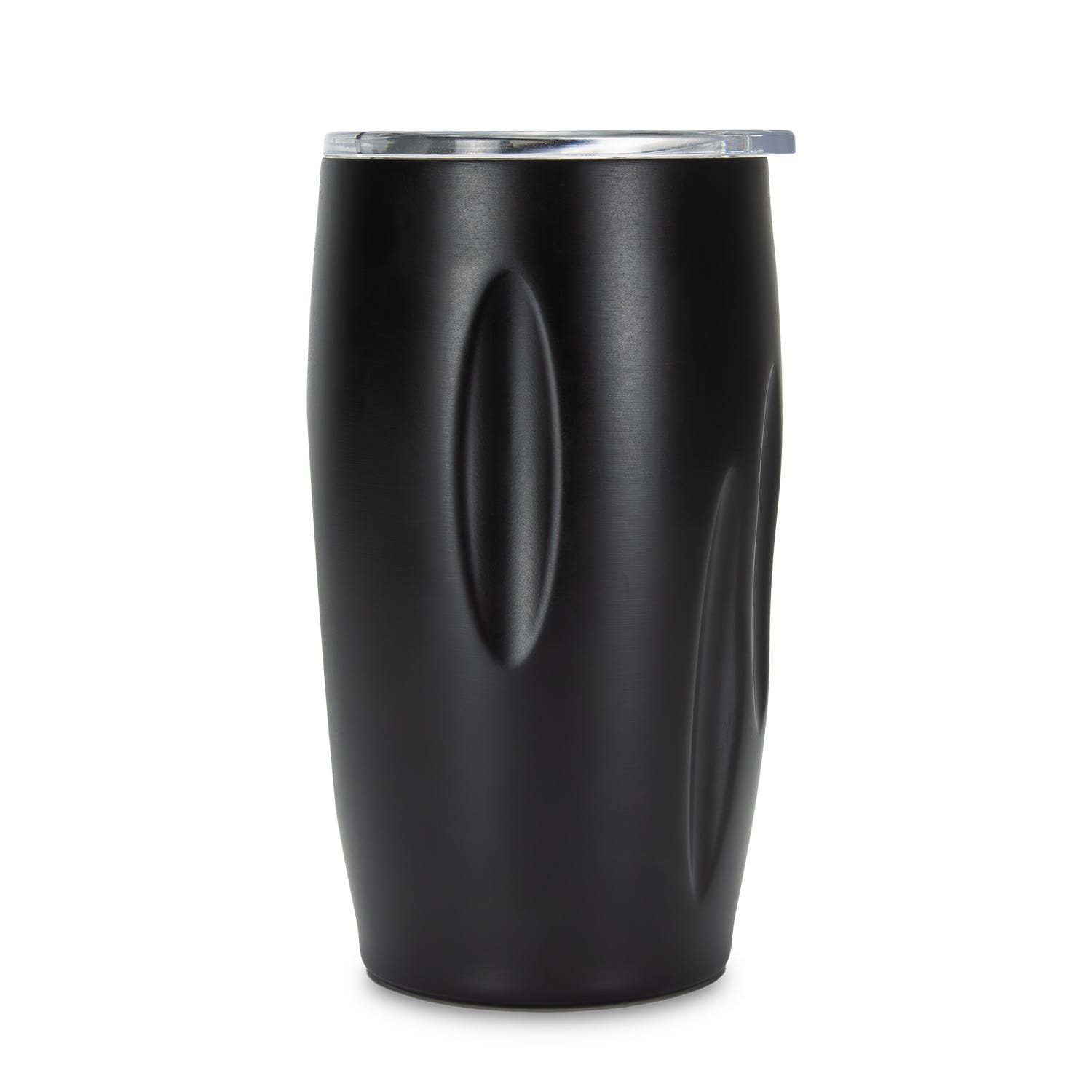 A drink bottle with a sleek black design and a silver lid, featuring an ergonomic shape. Includes branding.