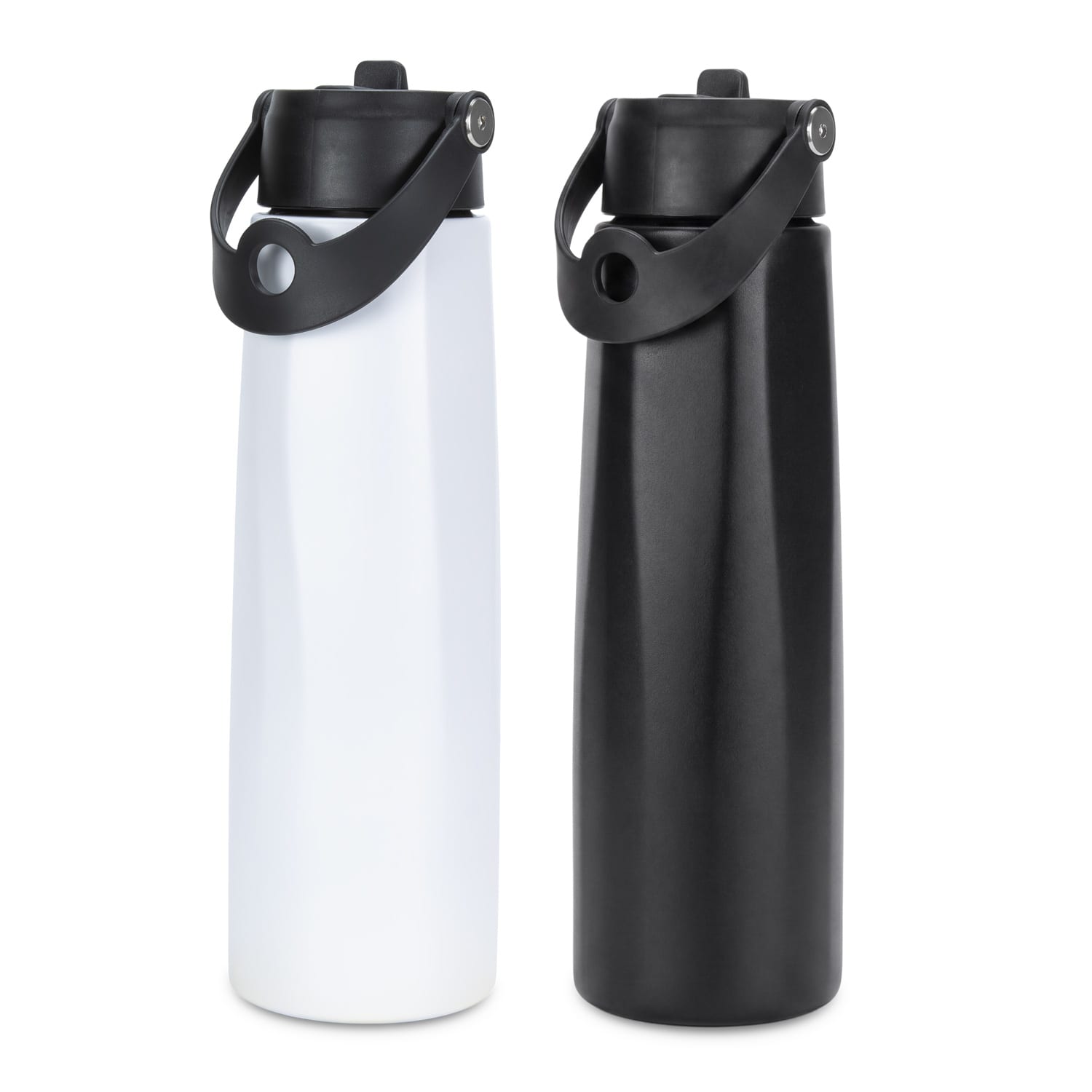 A drink bottle set featuring a white and a black 1L bottle, both with a secure lid and carry handle.