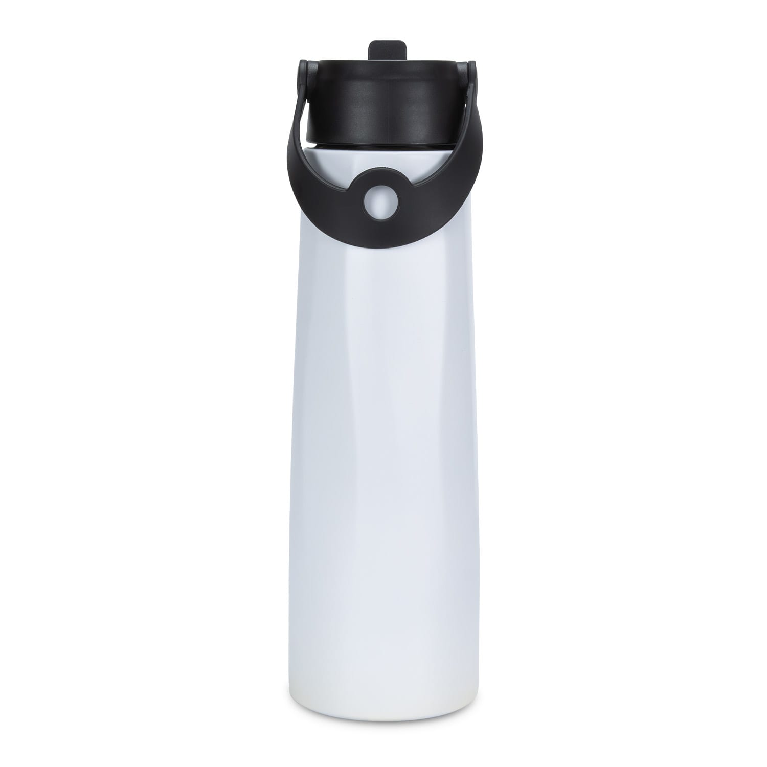 A drink bottle with a sleek white body and a black lid and handle, featuring a logo on the side.
