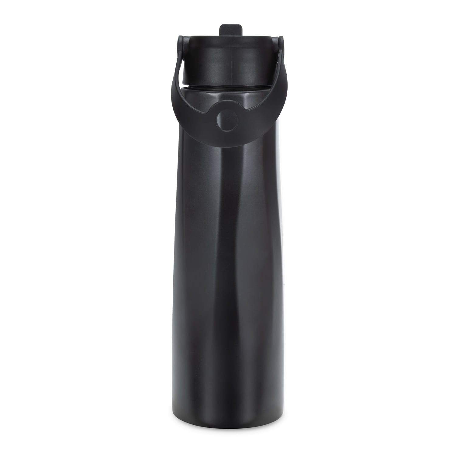A drink bottle in a sleek black finish, featuring a handle and a secure screw-on lid. It has a logo on its surface.