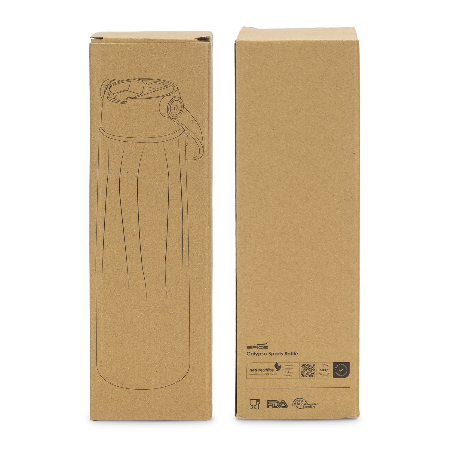 A drink bottle in a cardboard box, featuring a sleek design and a carrying handle. The bottle has a logo on it.
