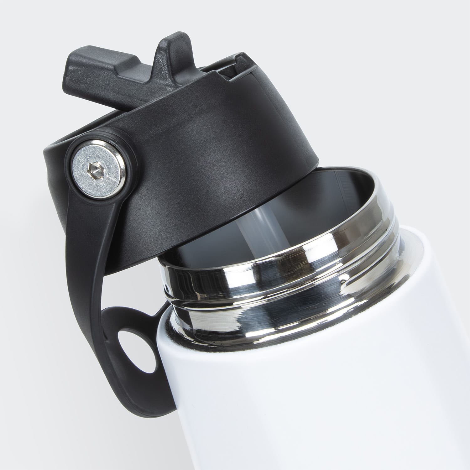 A drink bottle with a white body and a black lid, featuring a sip spout and a metal opening.