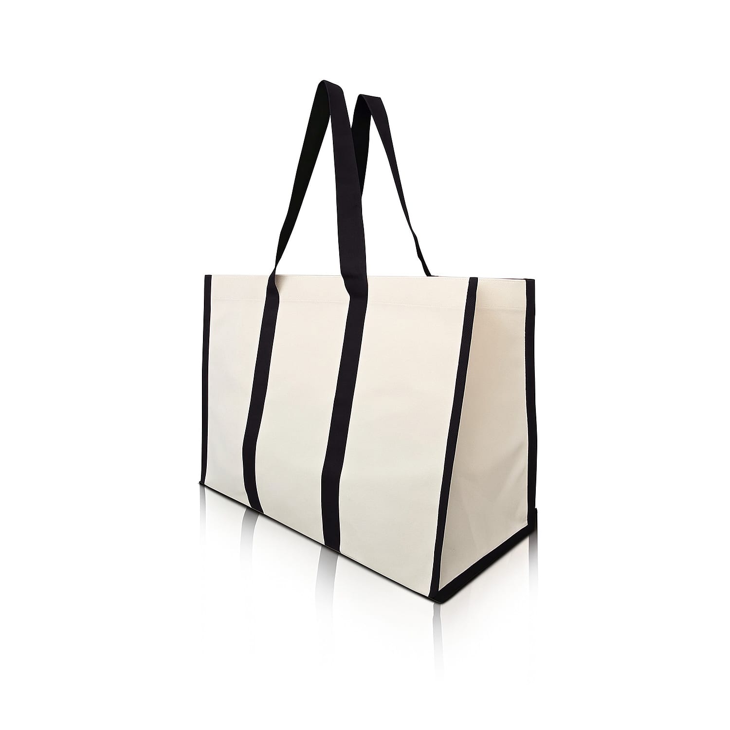A heavy canvas tote bag in cream with contrasting black straps and accents. It features a logo.