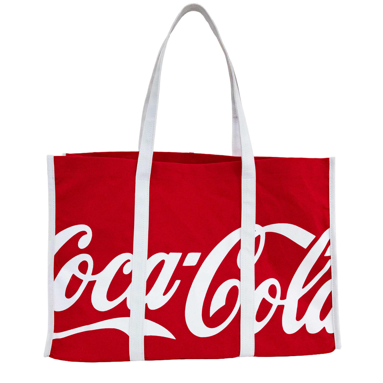A red canvas tote bag with white handles and a prominent logo.