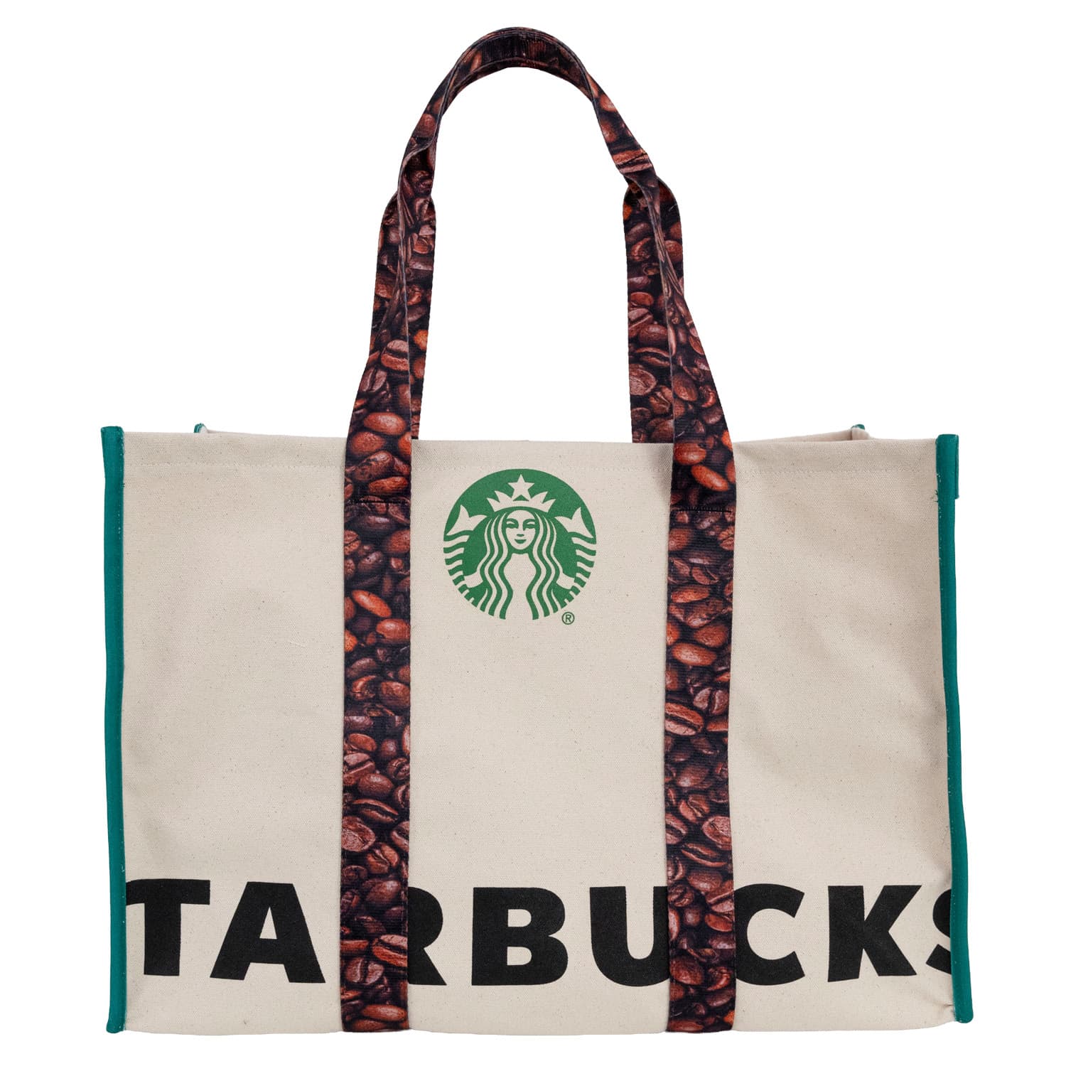A heavy canvas tote bag in beige with green accents and a coffee bean pattern on the handles, featuring a logo.