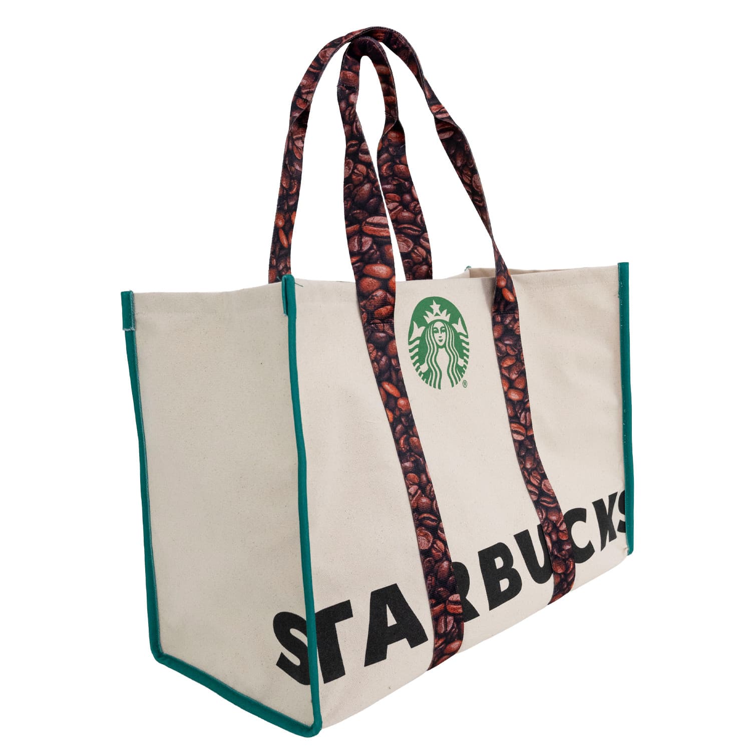 A heavy canvas tote bag in cream with teal trim and striped handles, featuring a logo and coffee bean design.