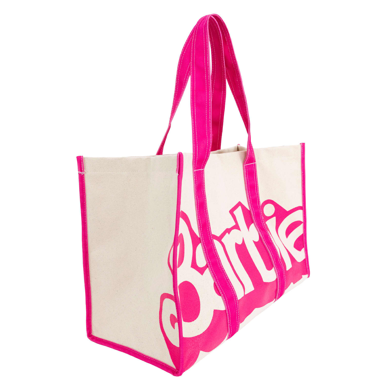 A heavy canvas tote bag in cream with bright pink straps and a large logo.
