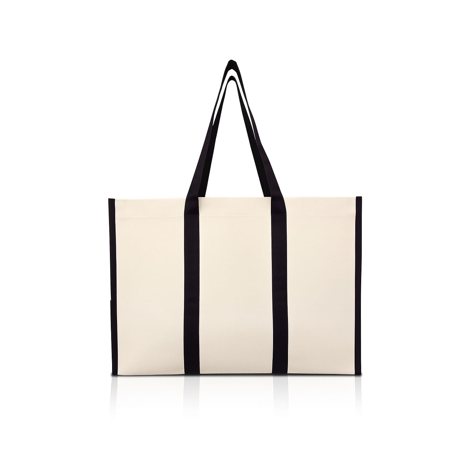 A heavy canvas tote bag in cream with black accents and sturdy handles, featuring a branding logo.