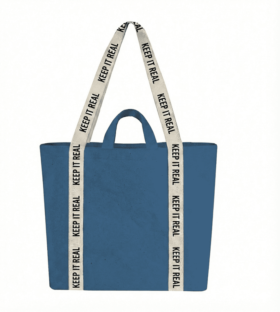 A blue tote bag with a double strap and a top handle, featuring a logo on the straps.