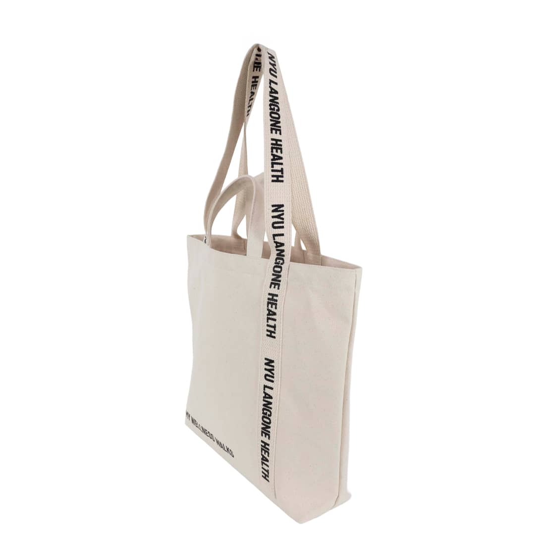 A cream-coloured double strap tote bag with a single strap drop and a logo along the handle.