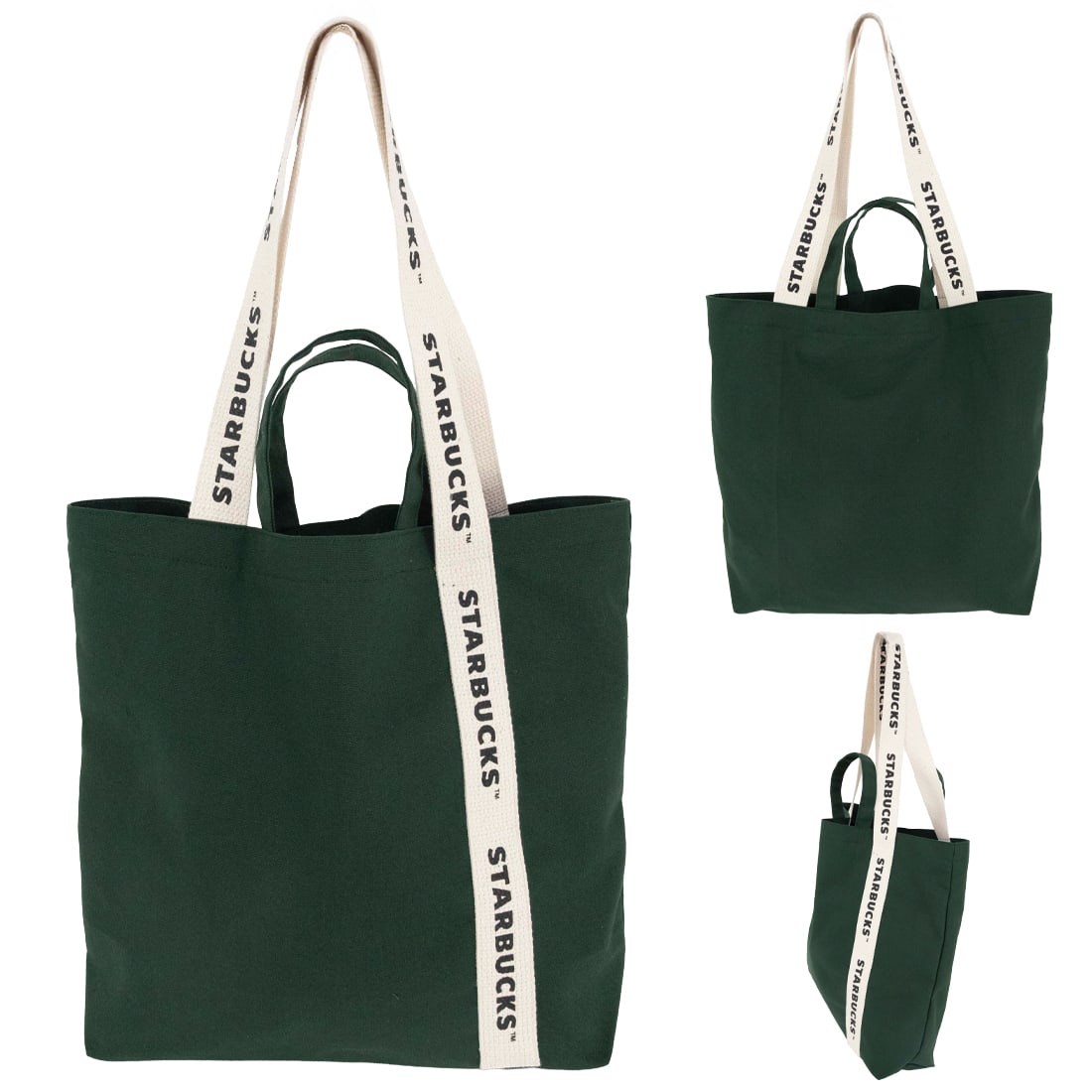 A green double strap tote bag with a single strap drop and a logo on the straps.