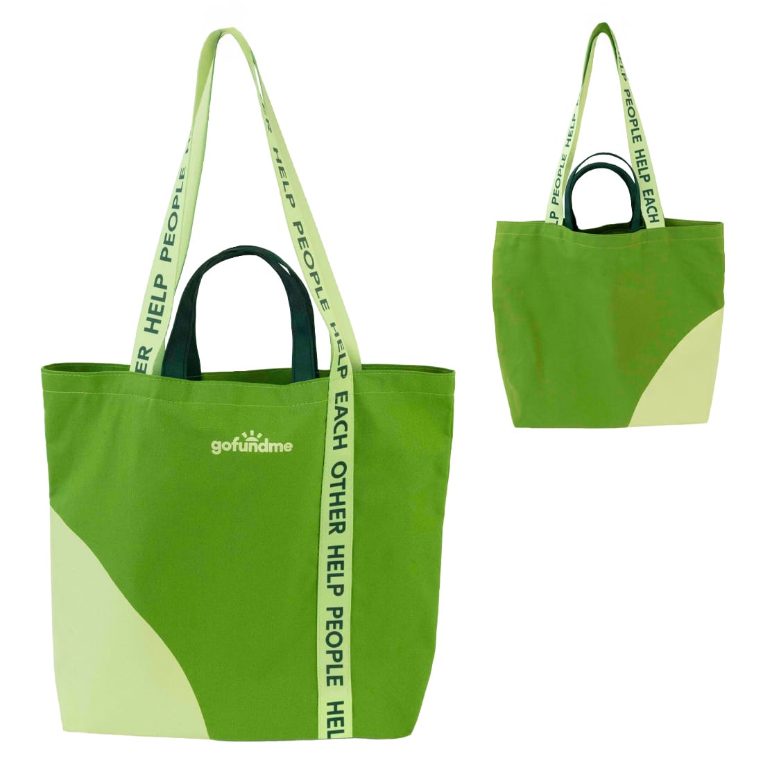Green tote bag featuring double straps and a single strap drop, with a logo on the front.
