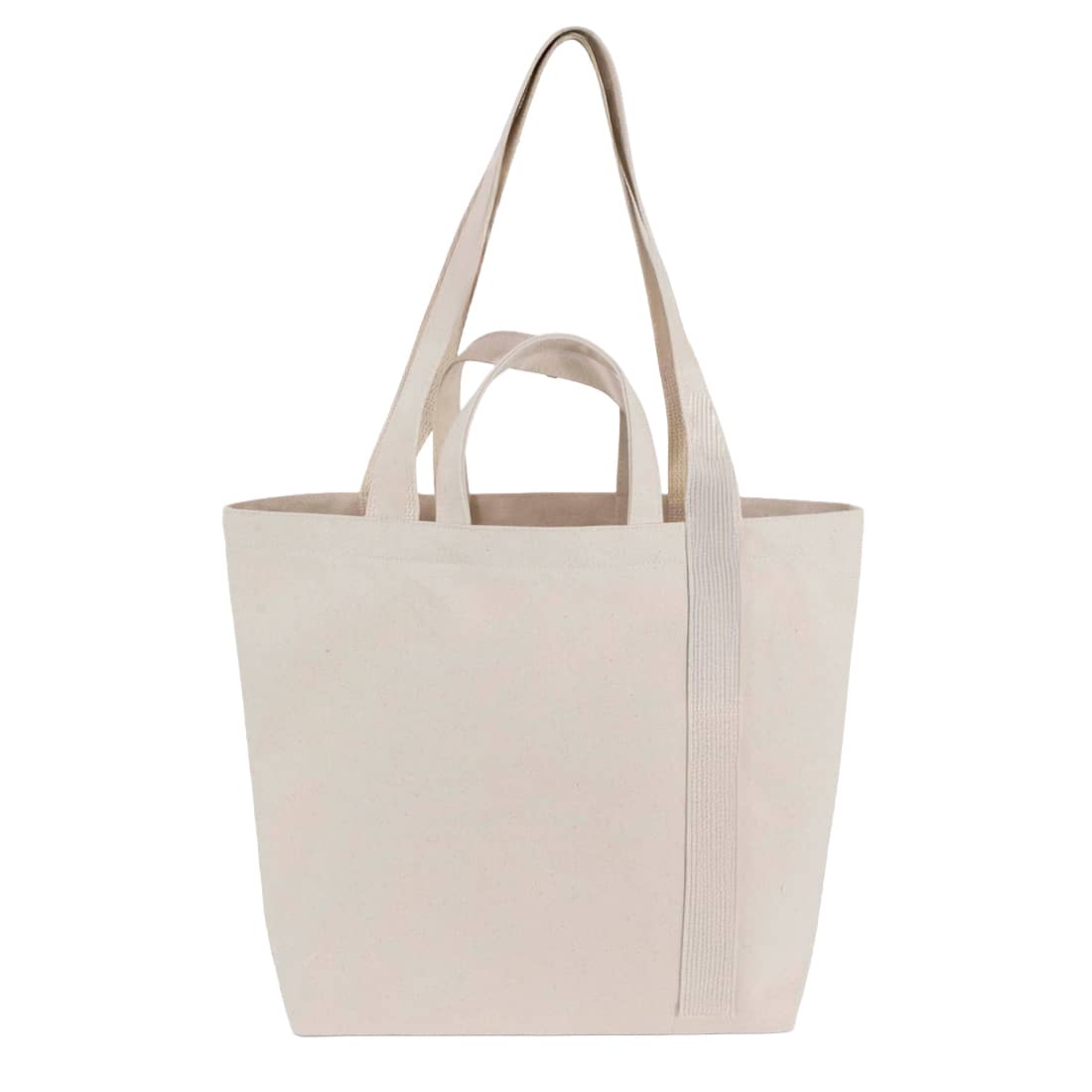 A beige tote bag with double straps and a single strap drop, featuring a simple design and a logo.