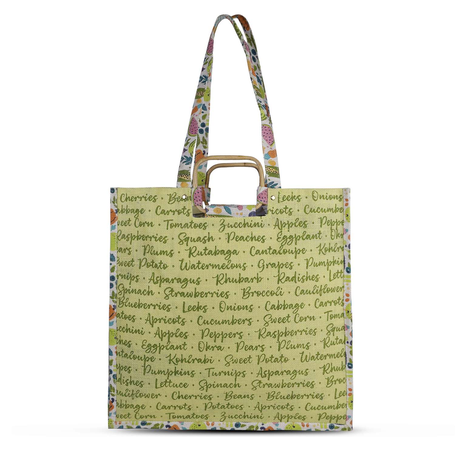 A jute shopping bag with a floral pattern in green and various vegetable print designs. It features sturdy handles and a logo.