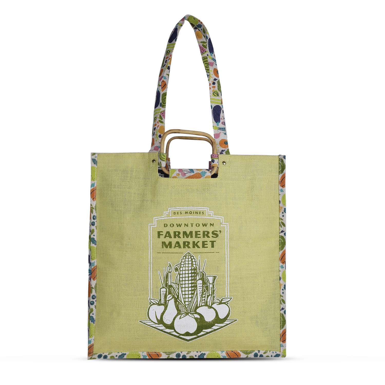A jute shopping bag in yellow with floral-patterned handles and a large logo featuring a farmer's market design.