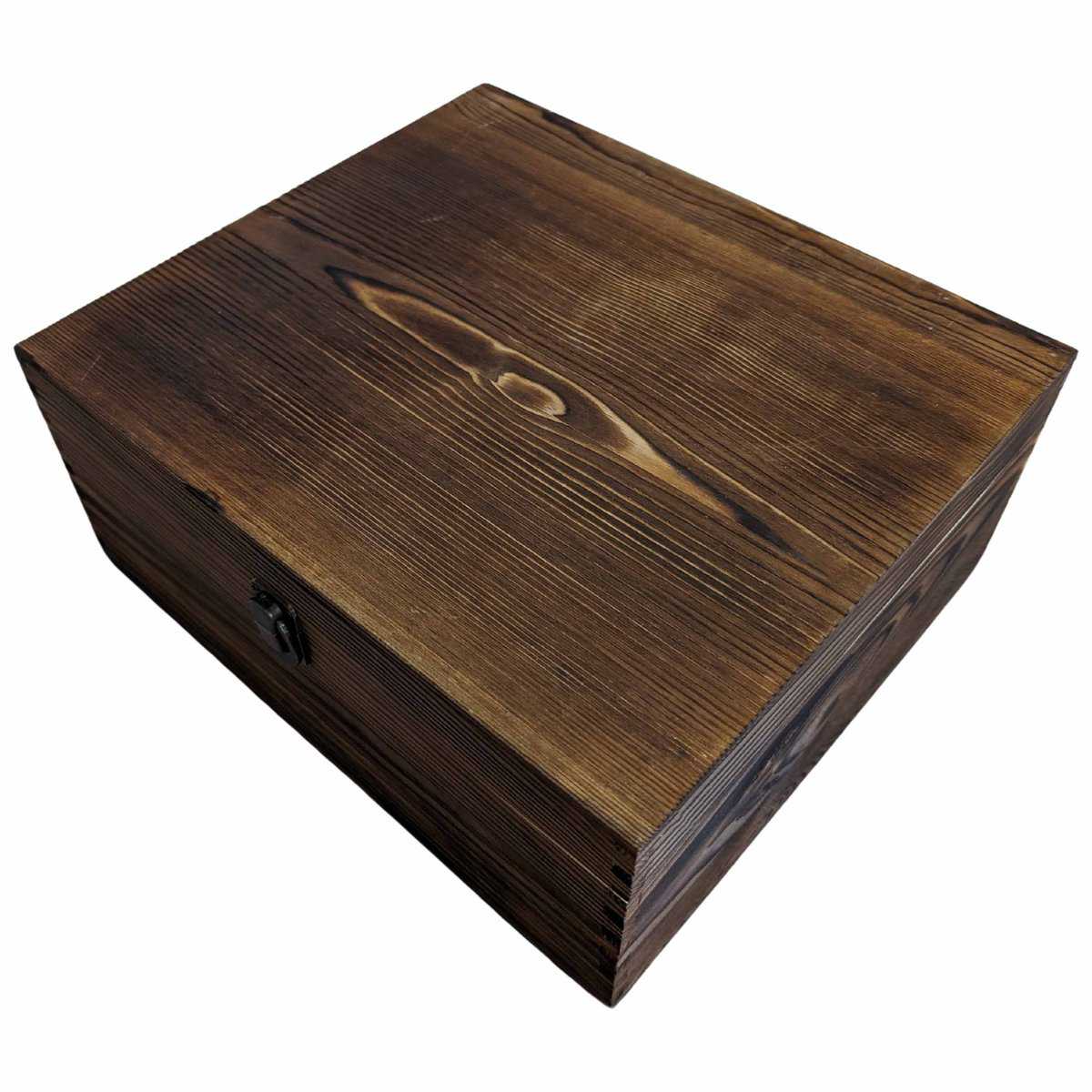 A wooden box with a rustic finish, featuring a latch on the front and a textured surface.