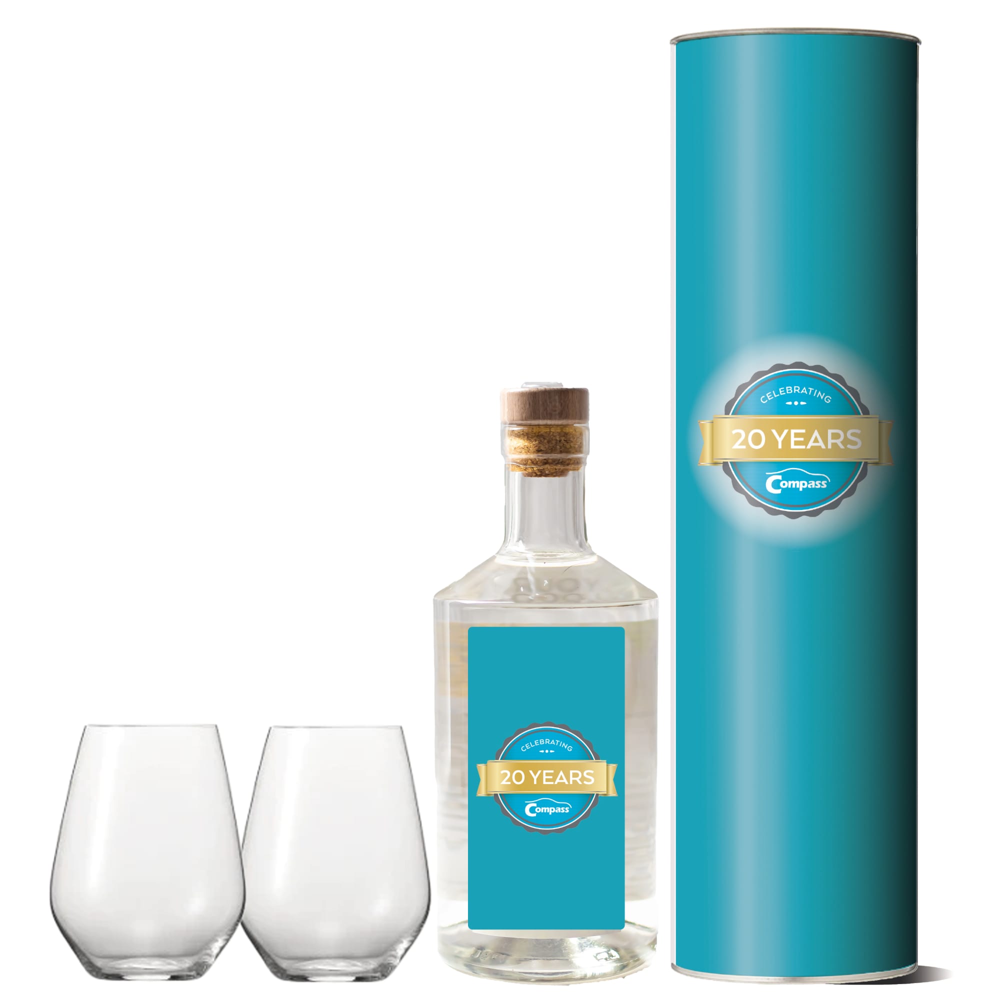 Custom Labelled Gin, Cylinder & Two Stemless Glasses Gift Set