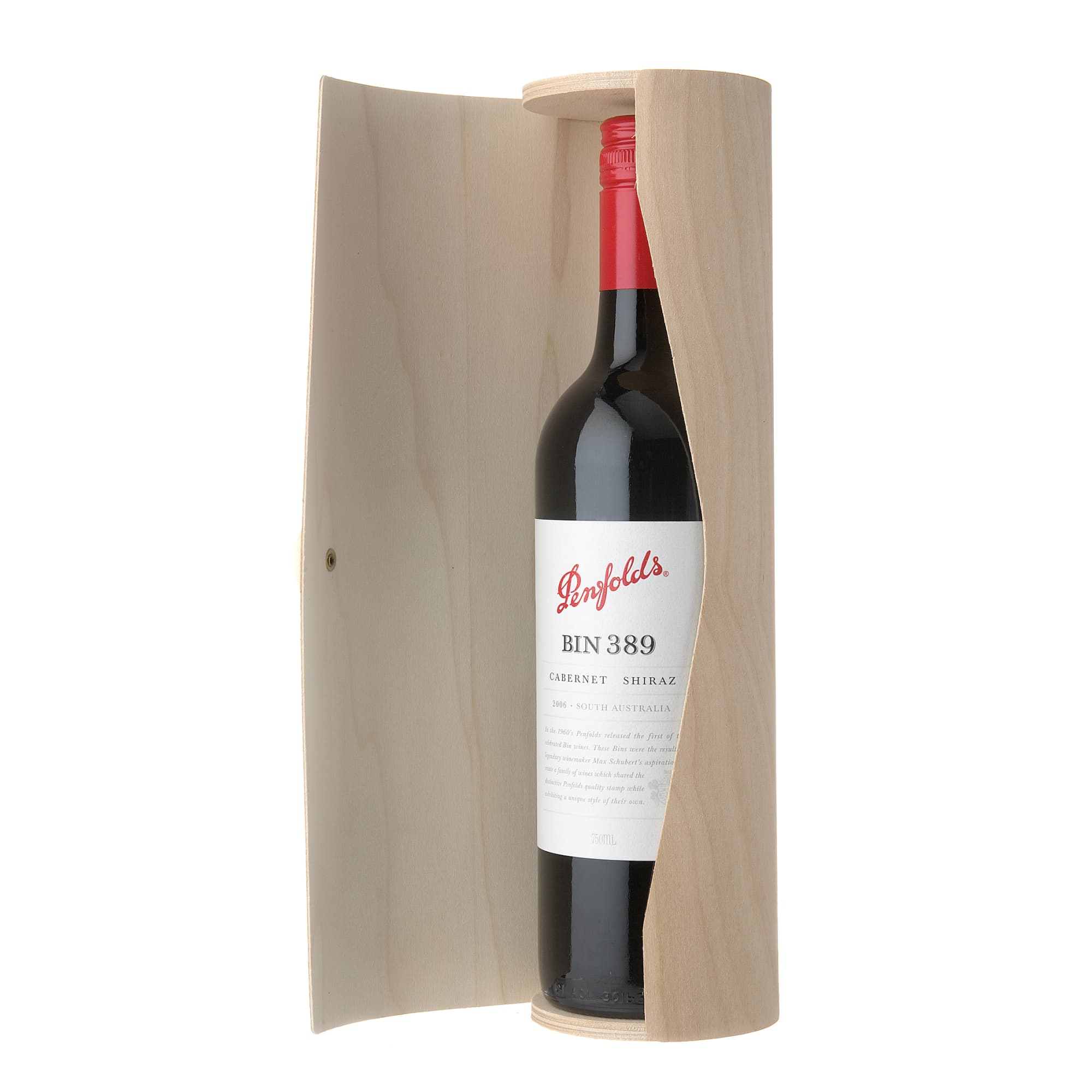 A birch wood wine cylinder with a red-topped bottle inside, featuring a logo on the bottle.