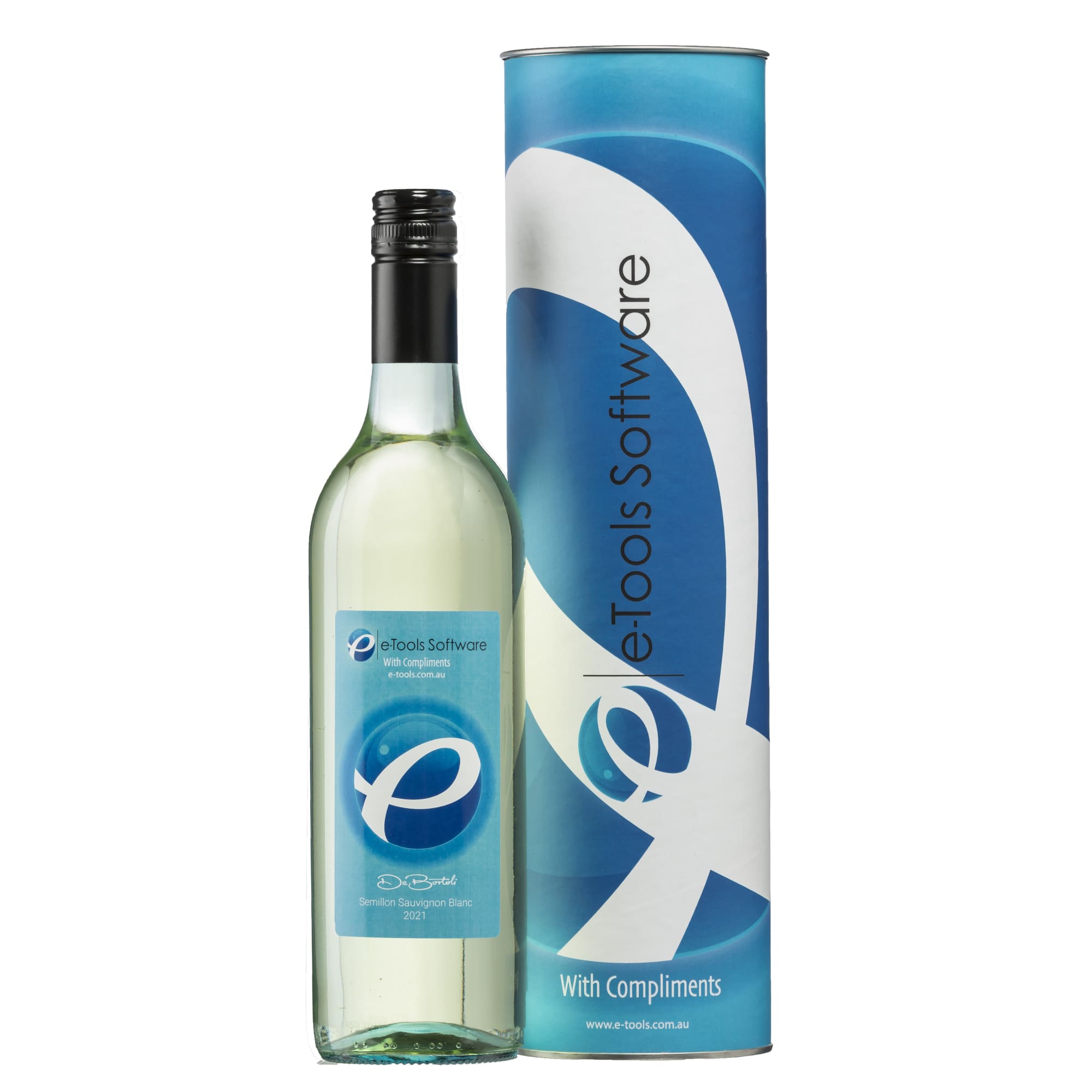 A drink bottle containing white wine, with a custom label and a blue cylinder container.
