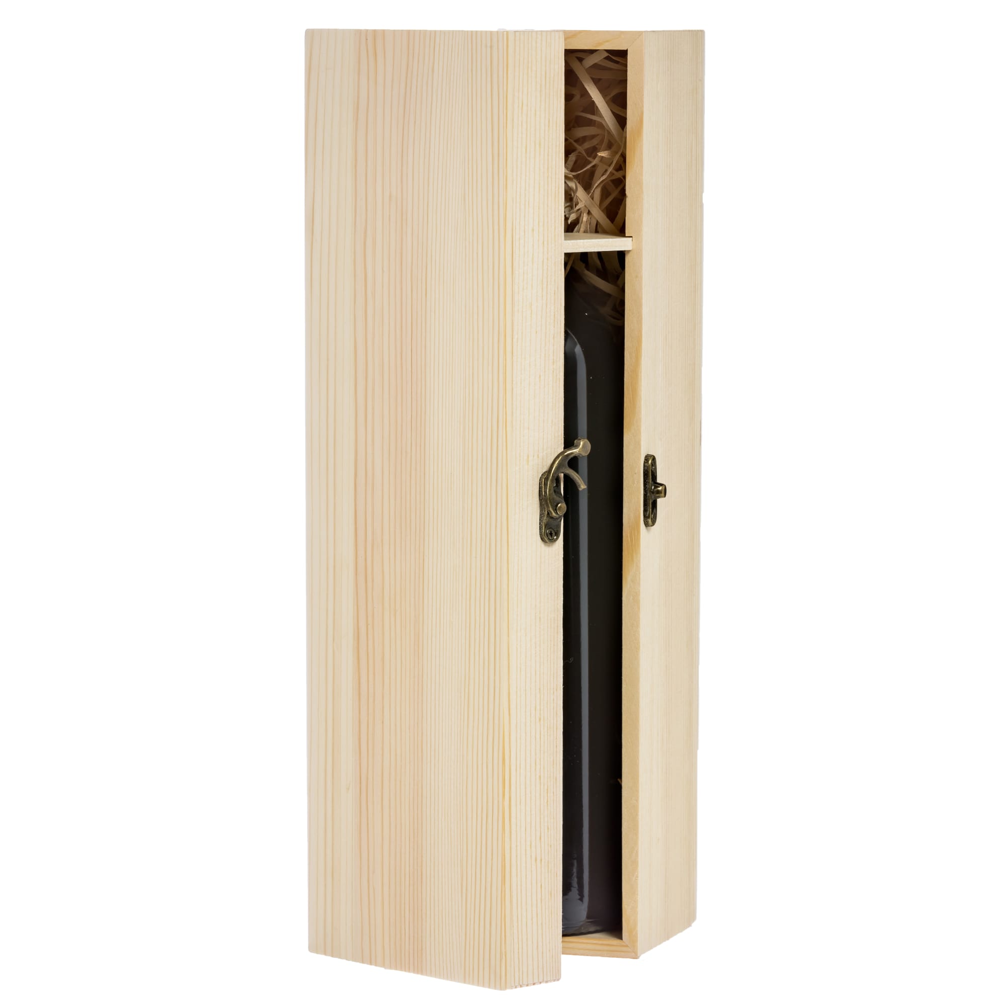 A wooden box with a natural finish, containing a wine bottle and filled with straw. It has metal clasps.