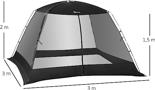 Outsunny Tenda de Jardim, 3 X 3 X 2 M, Gazebo Para 4, 6 Pessoas, Com 4 Mosquiteiras E Porta, Inclui Bolsa De Transporte De Proteção Solar Para Acampamento, Viagens Exteriores e Preto