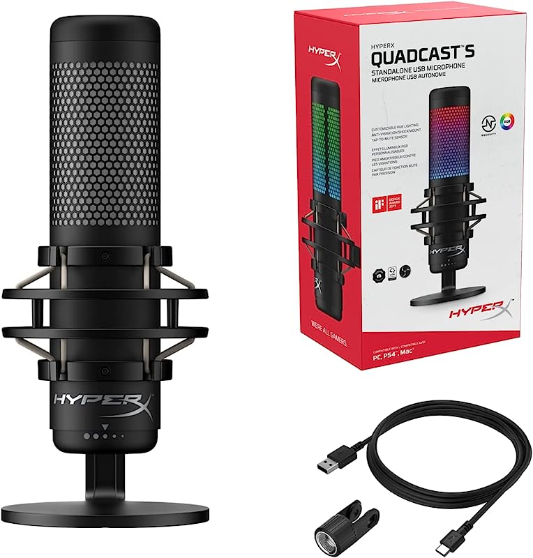 HyperX QuadCast S, RGB Microfone de Condensador USB para PC, PS4 e Mac, Armação Anti-choque e Vibrações, Filtro Pop, Jogos, Streaming, Podcasts, Twitch, YouTube, Discord