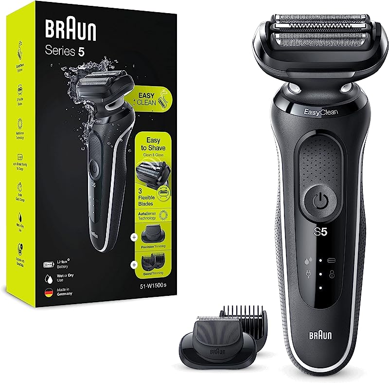 Braun Série 5 Máquina De Barbear Elétrica Para Homem, Máquina De Barbear Com Aparador Easyclick, Easyclean, Uso Seco E Molhado, Recarregável, Sem Fios, 51-w1500s, Branco