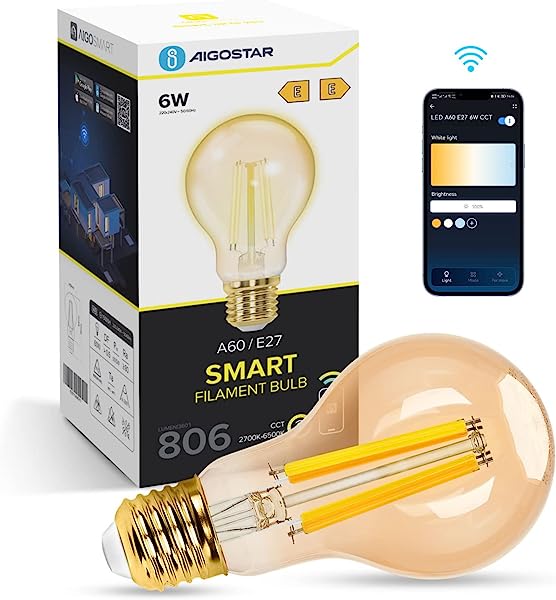 Aigostar Lâmpadas Alexa E27 Edison lâmpadas inteligentes 6 W 806LM WIFI Lâmpada Vintage A60 Lâmpadas Filamento Regulável 2700 K-6500 K, Compatível com Alexa/Google Home, âmbar